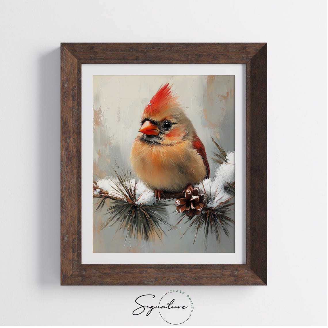 Female Cardinal Snowy Pine Branch Pinecone Winter Bird Painting Poster - Image 2