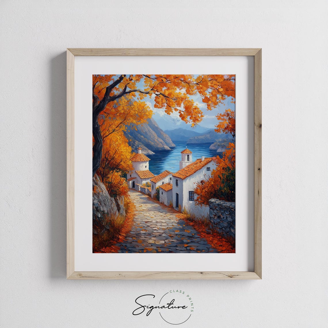 Mediterranean Seaside Village Autumn Trees Coastal Bay View Poster - Image 3