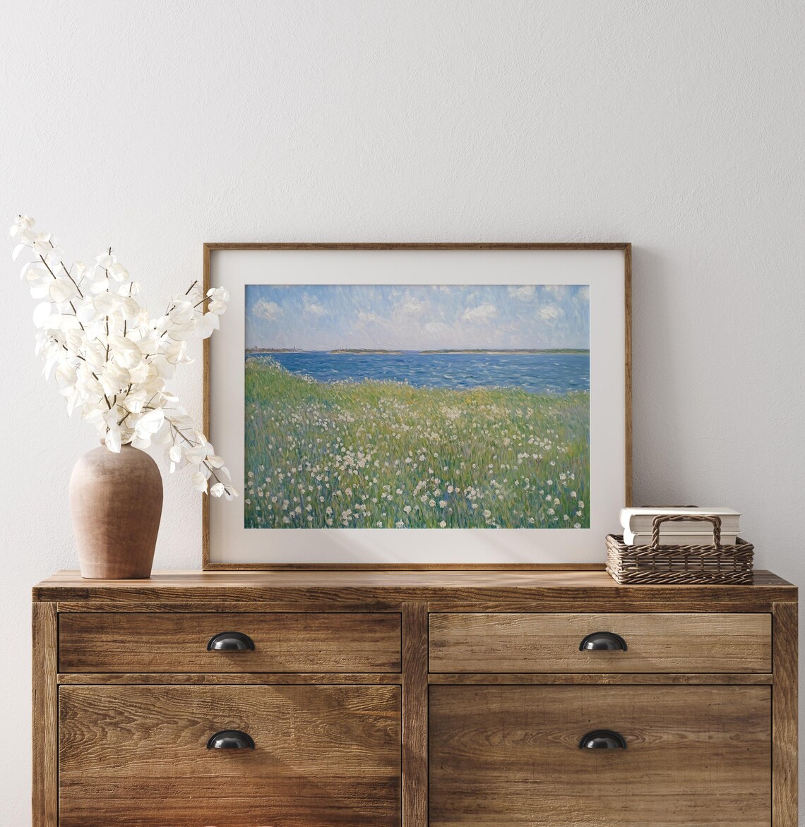 White Wildflowers By Coastal Water Blue Sea Summer Impressionist Poster - Image 3