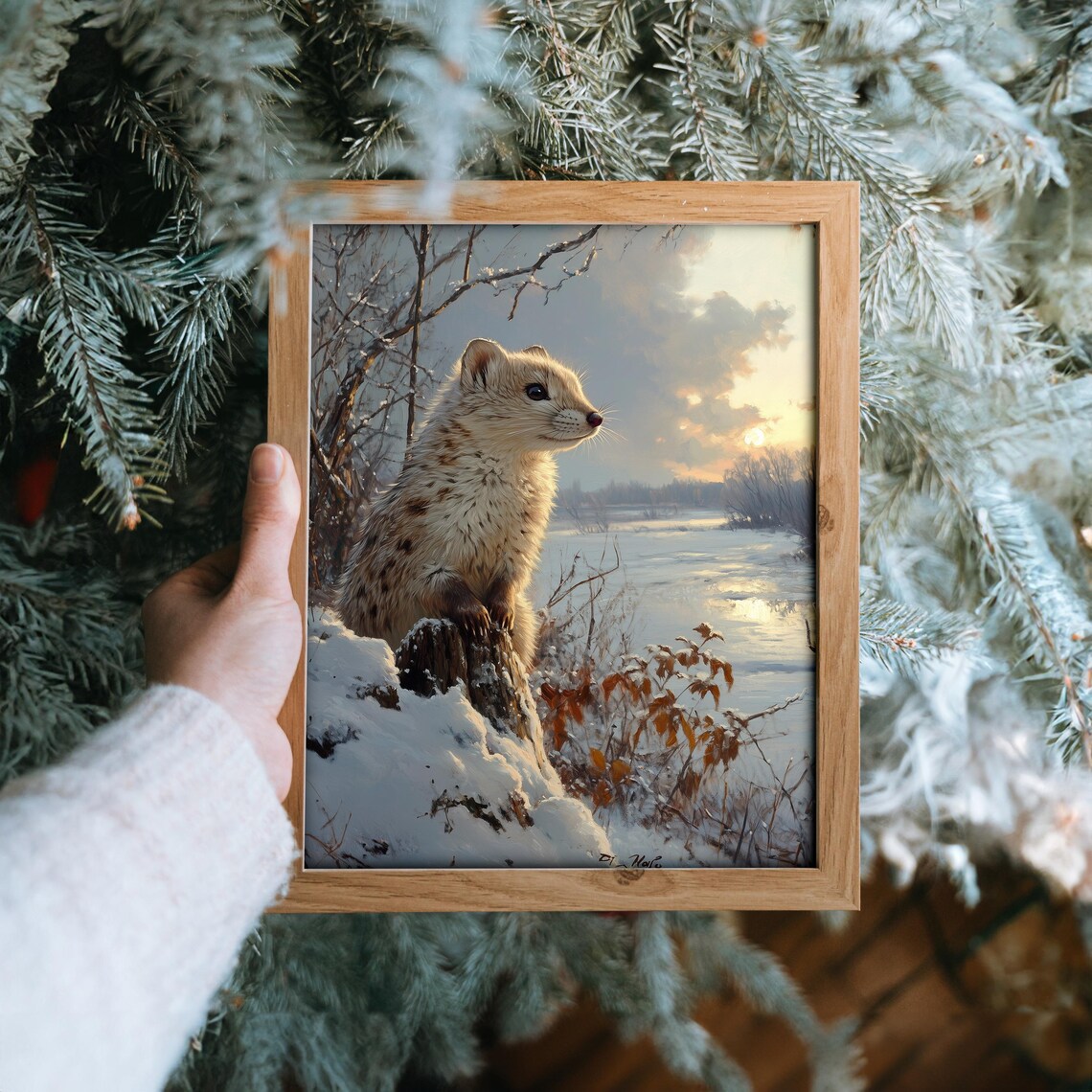 Ermine White Winter Weasel Sunset Frozen River Wildlife Painting Poster - Image 6
