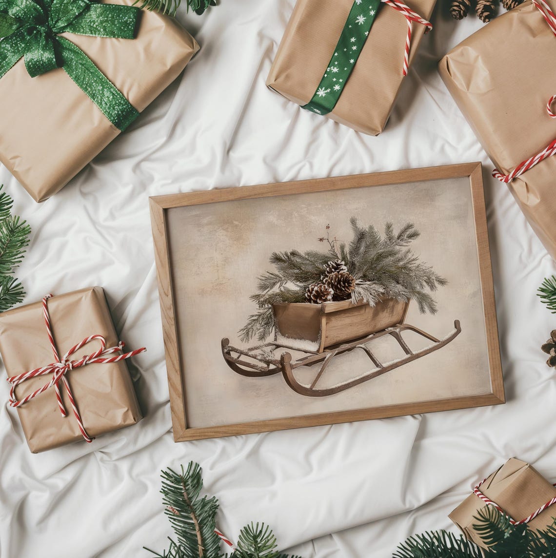 Antique Wooden Sled with Fir Branches Christmas Decor Poster - Image 2
