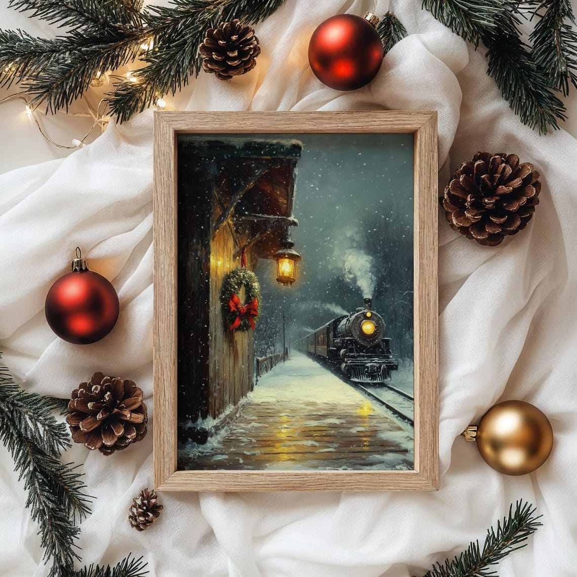 Steam Train Arriving at Snowy Station With Holiday Wreath Night Poster - Image 4