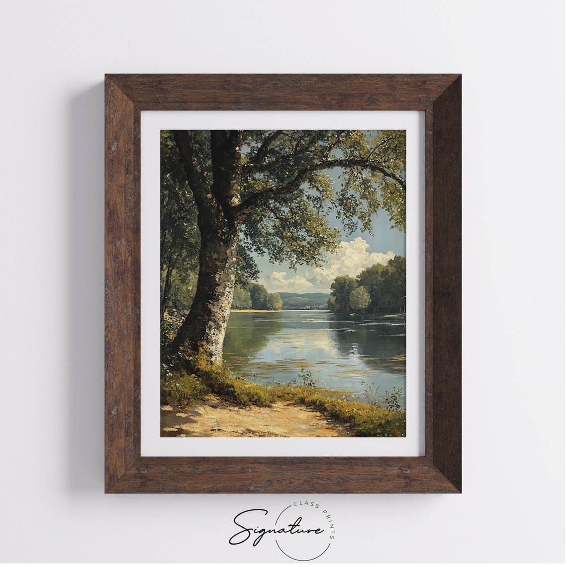 Serene River Under Big Oak Tree Tranquil Green Lake Landscape Poster - Image 3
