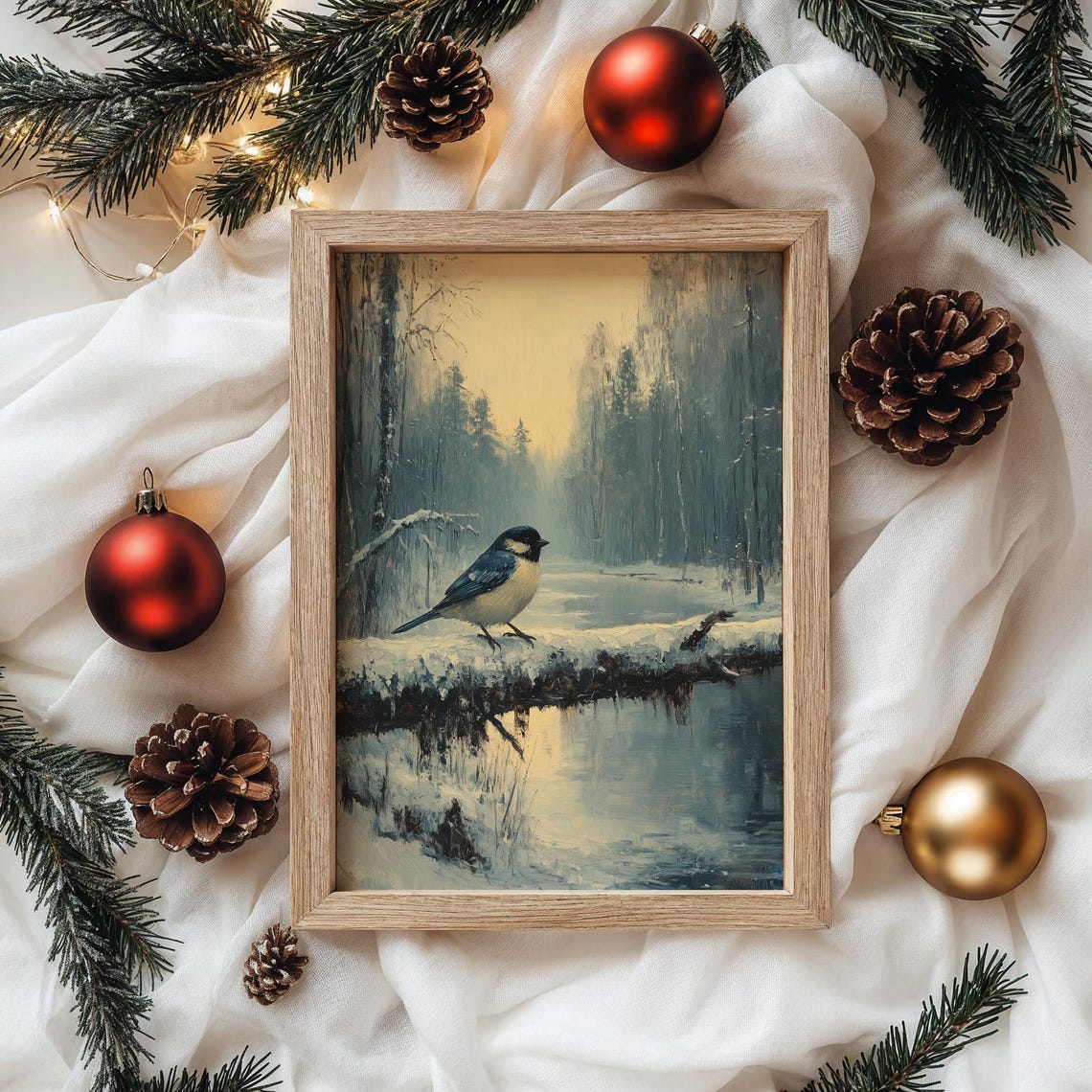 Blue Tit Perched on a Snow-Covered Log in a Misty Winter Forest Poster - Image 4