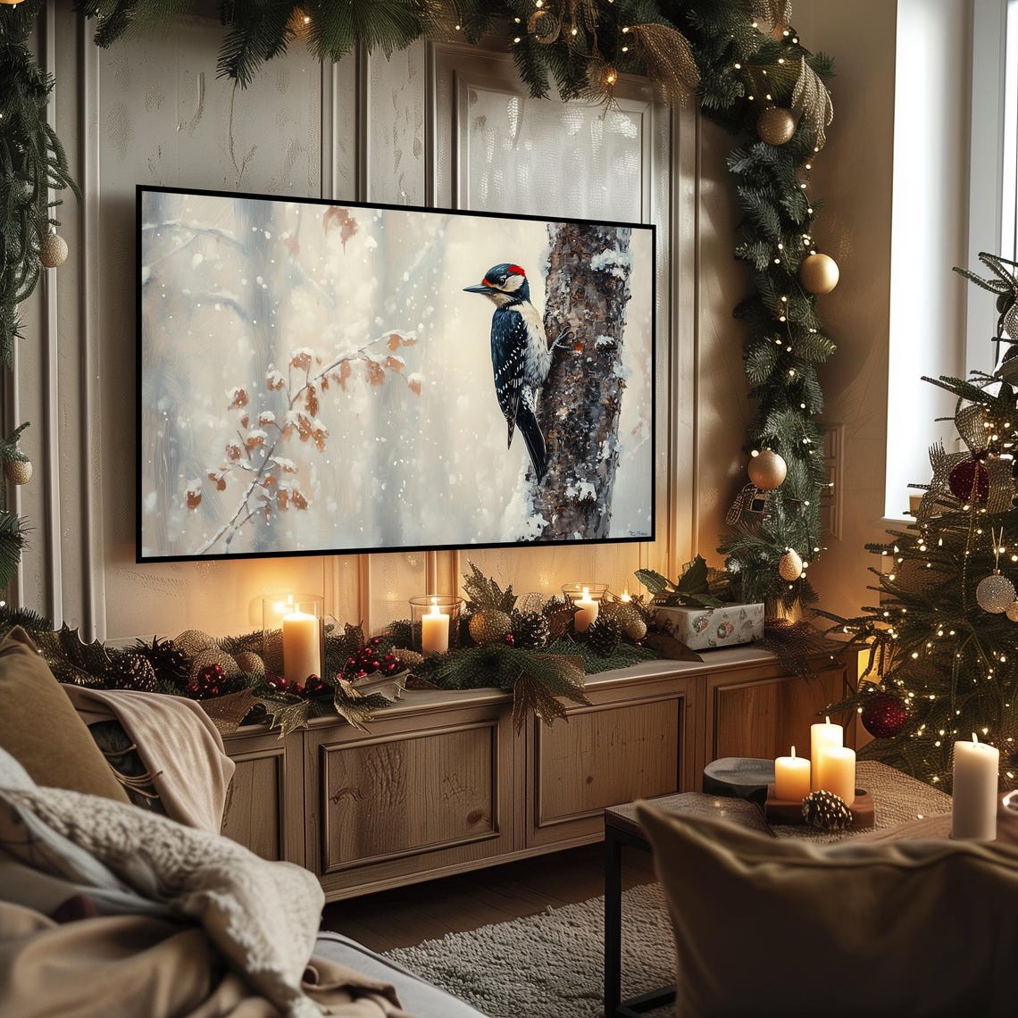 Woodpecker Clinging to Snowy Tree Trunk Winter Forest Poster - Image 3