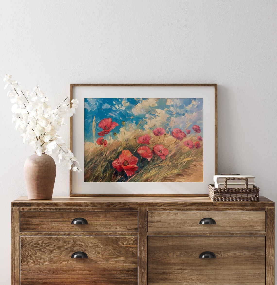 Red Poppies in Grass Bright Blue Sky Impressionist Oil Painting Poster - Image 3
