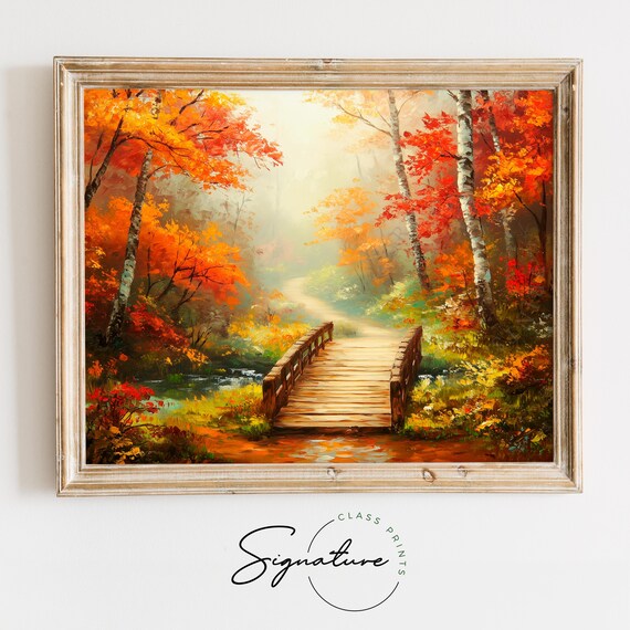 Misty Forest Path With Wooden Bridge Over Stream Autumn Poster
