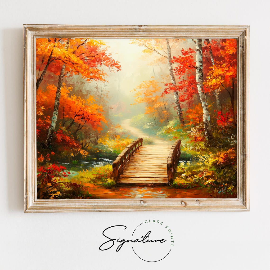 Misty Forest Path With Wooden Bridge Over Stream Autumn Poster