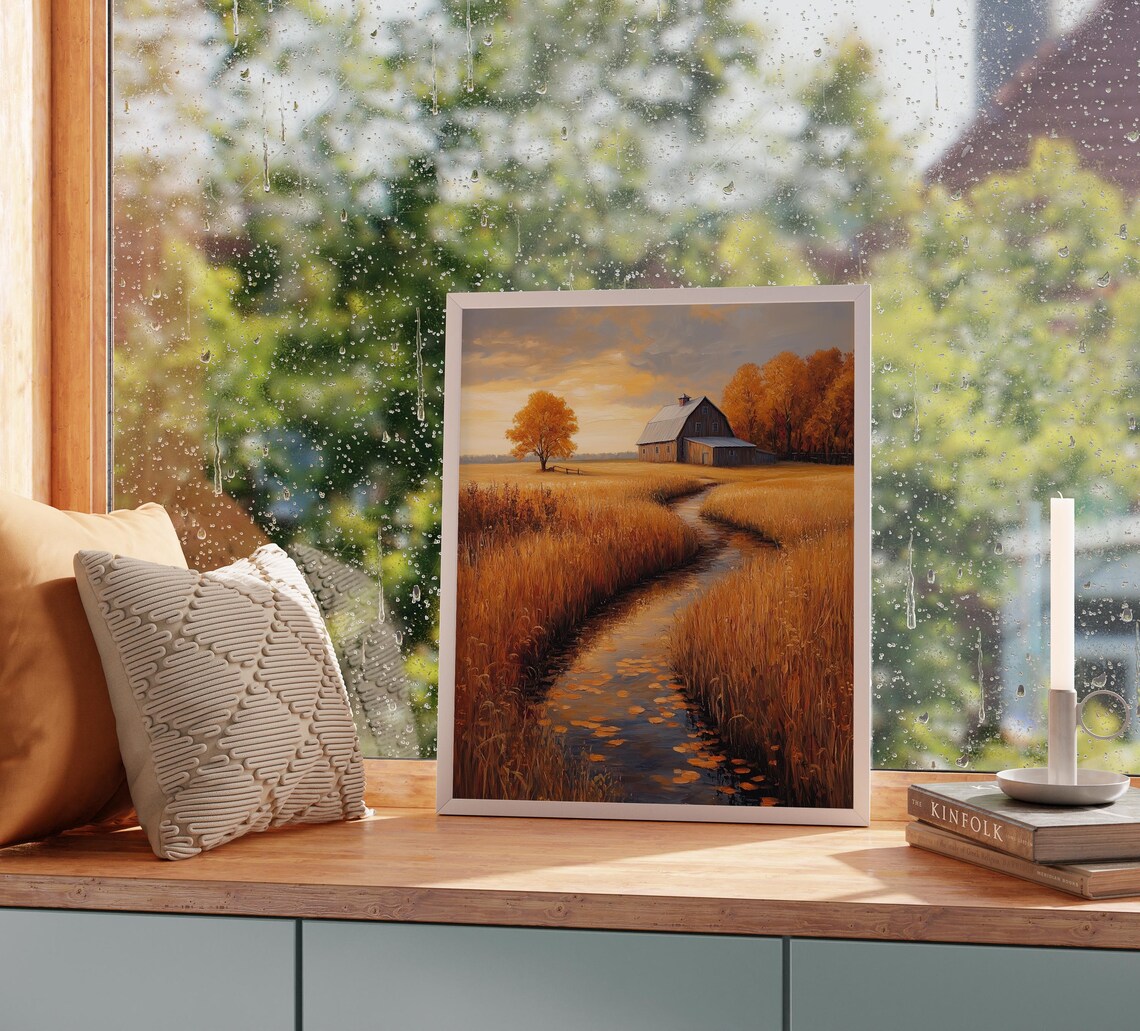 Gray Wooden Barn Beside Winding Stream Through Wheat at Sunset Wall Art - Image 2