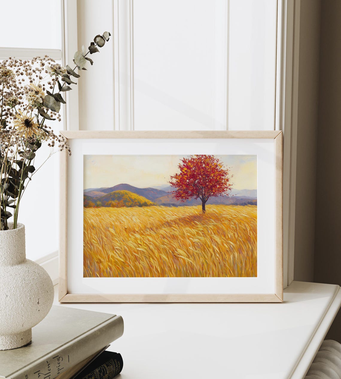 Lone Red Autumn Tree Golden Wheat Field Fall Landscape Painting Poster - Image 6
