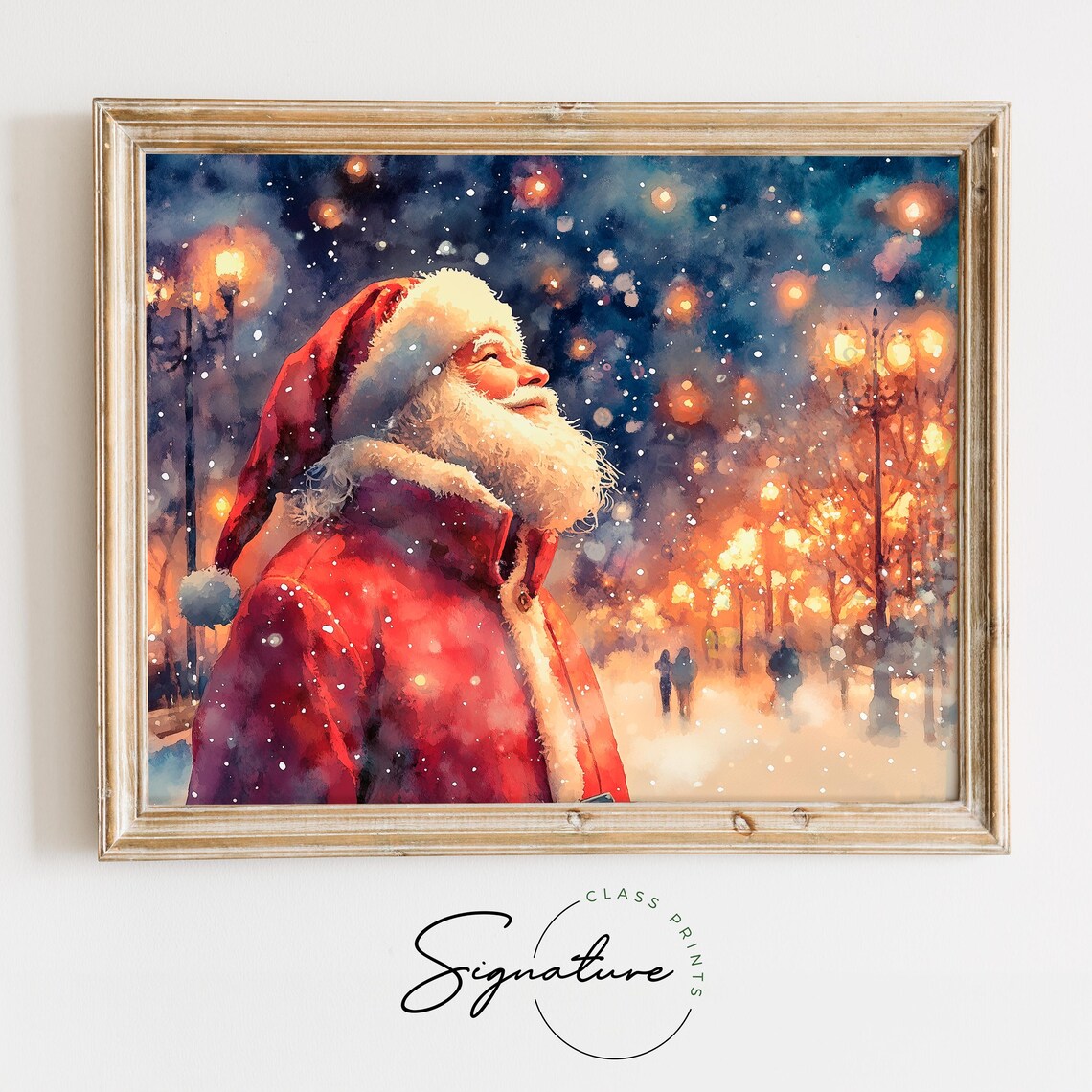 Santa Claus Watercolor Portrait Snowy Evening Street Lights Poster