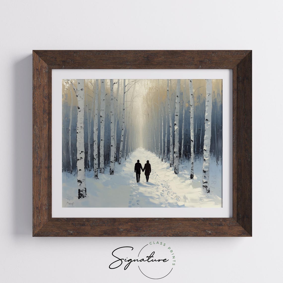 Couple Holding Hands on Snowy Birch Forest Path Romantic Art Poster - Image 5