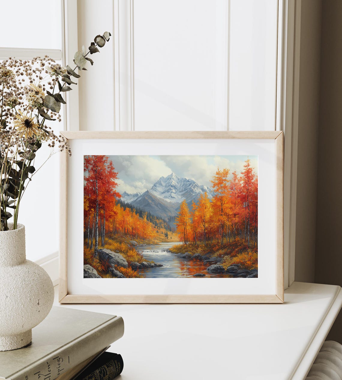 Mountain River Flowing Past Red Aspens Toward Snowy Peaks Wall Art - Image 6