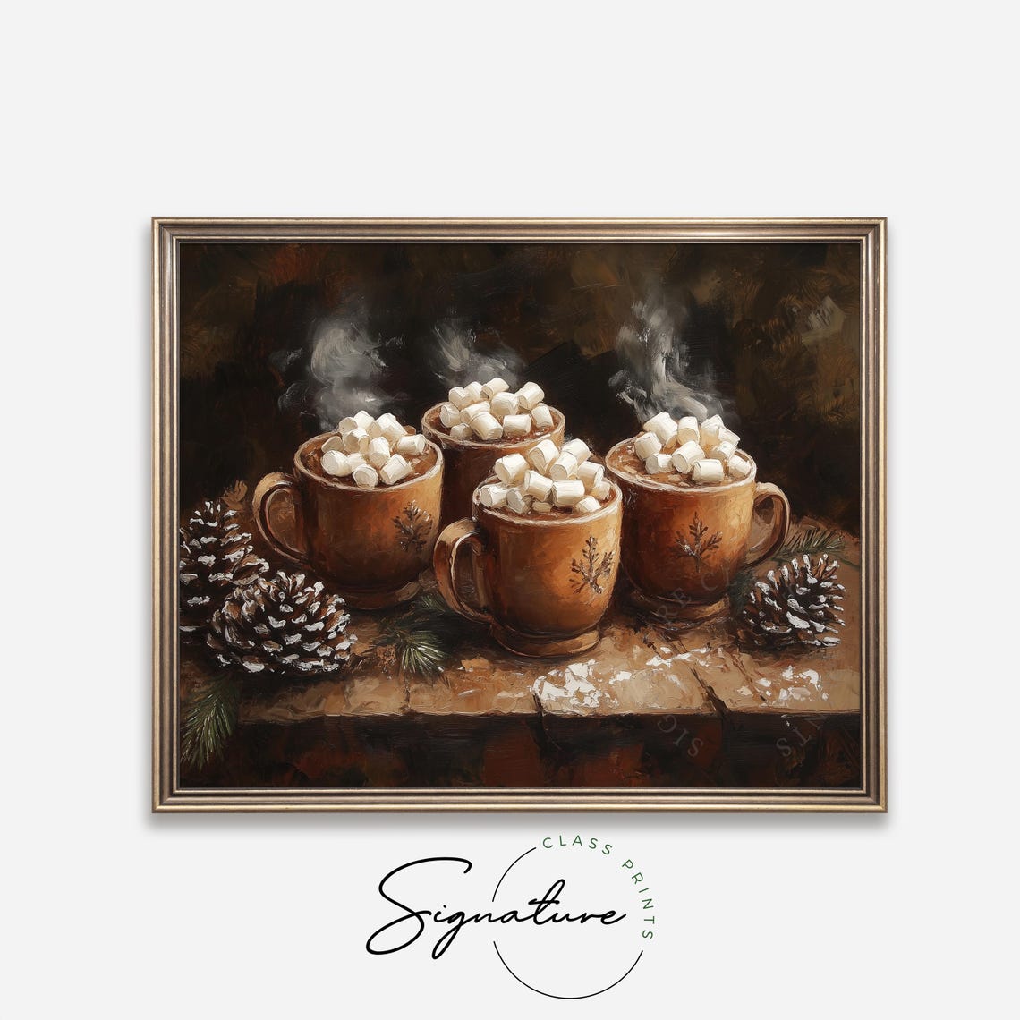 Four Steaming Cocoa Mugs With Marshmallows And Pinecones Poster - Image 4