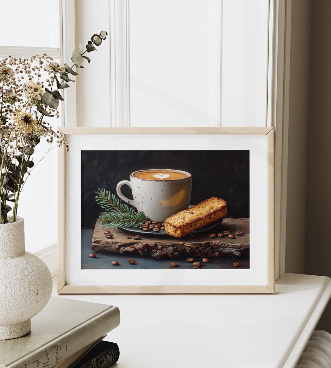 Latte Art Coffee Cup With Biscotti And Pine Sprig Kitchen Poster - Image 6