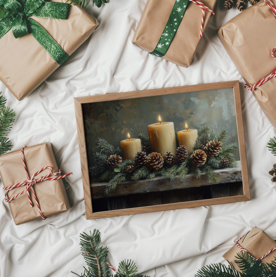 Glowing Pillar Candles with Pinecones and Evergreen Garland Poster - Image 5