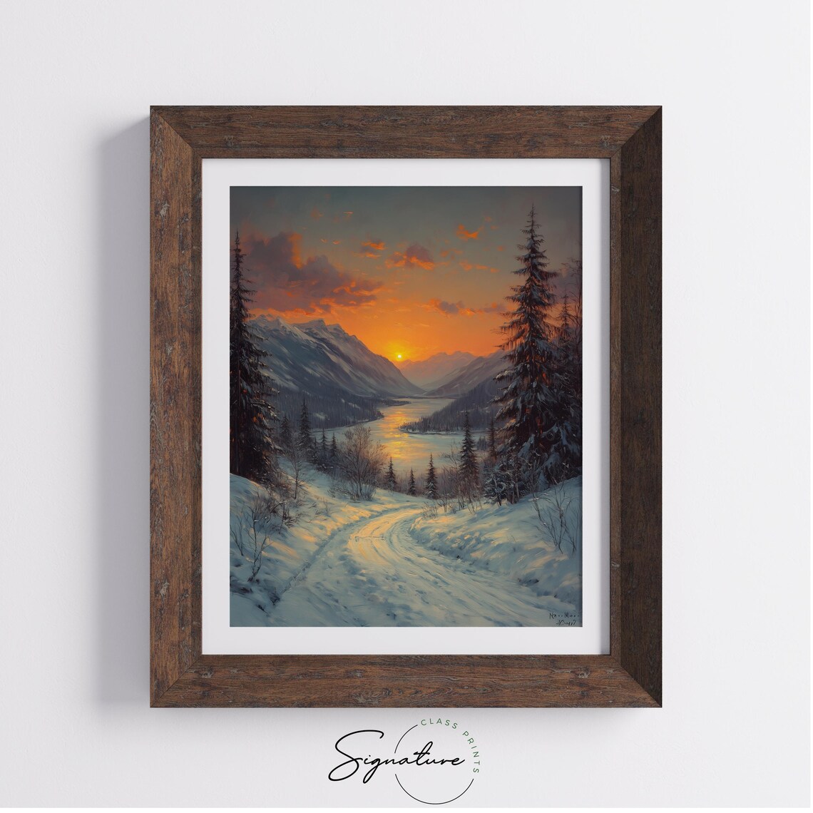 Sunset Reflecting On A Lake Between Snowy Peaks Oil Painting Style Poster - Image 2