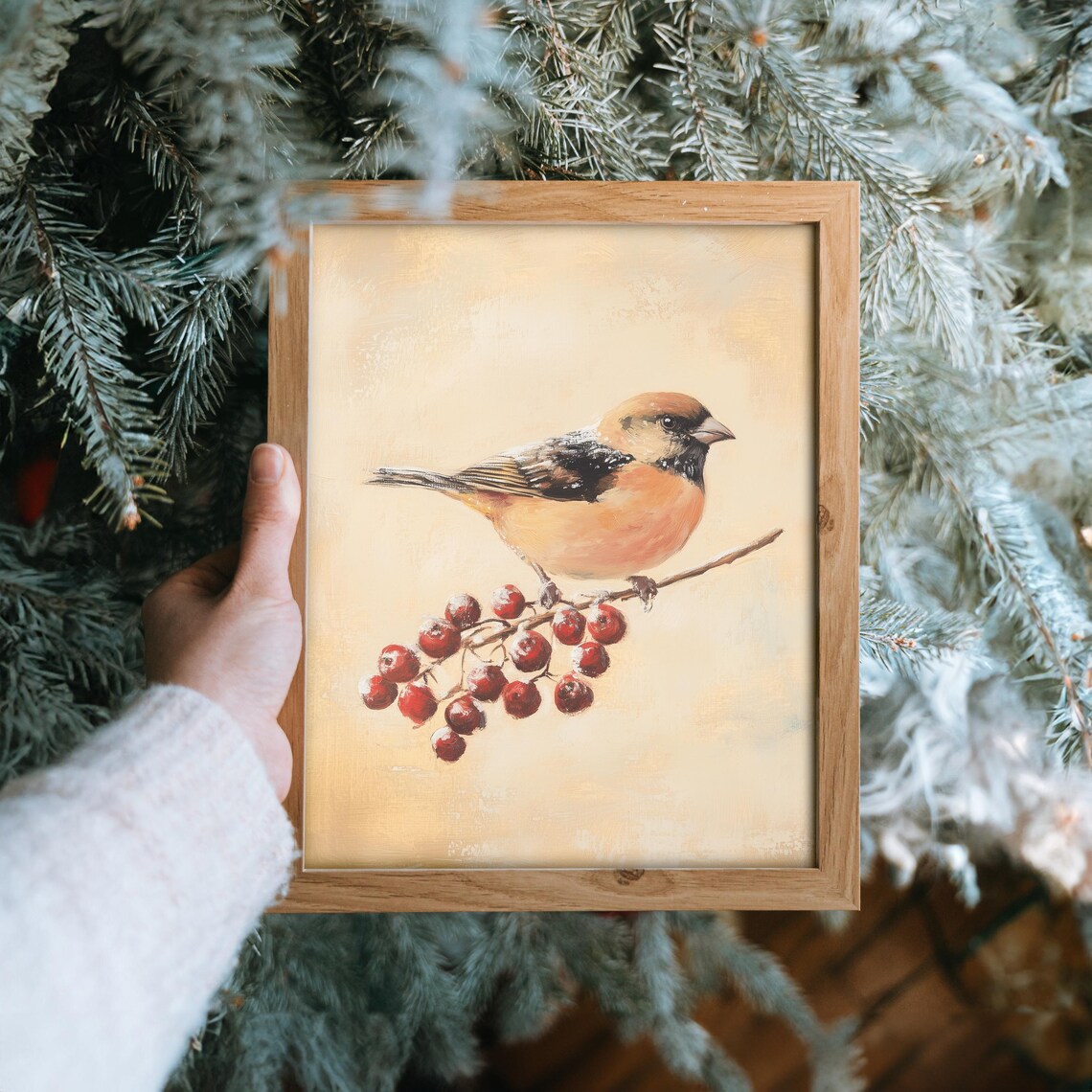 Orange Breasted Songbird on Red Berries Vintage Winter Poster - Image 6