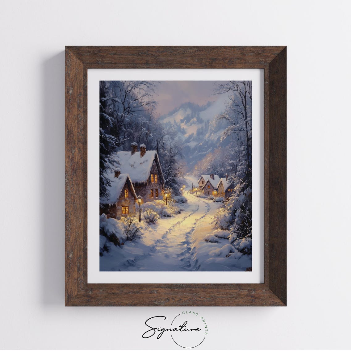 Snowy Mountain Village At Dusk With Glowing Windows Winter Wall Art - Image 3