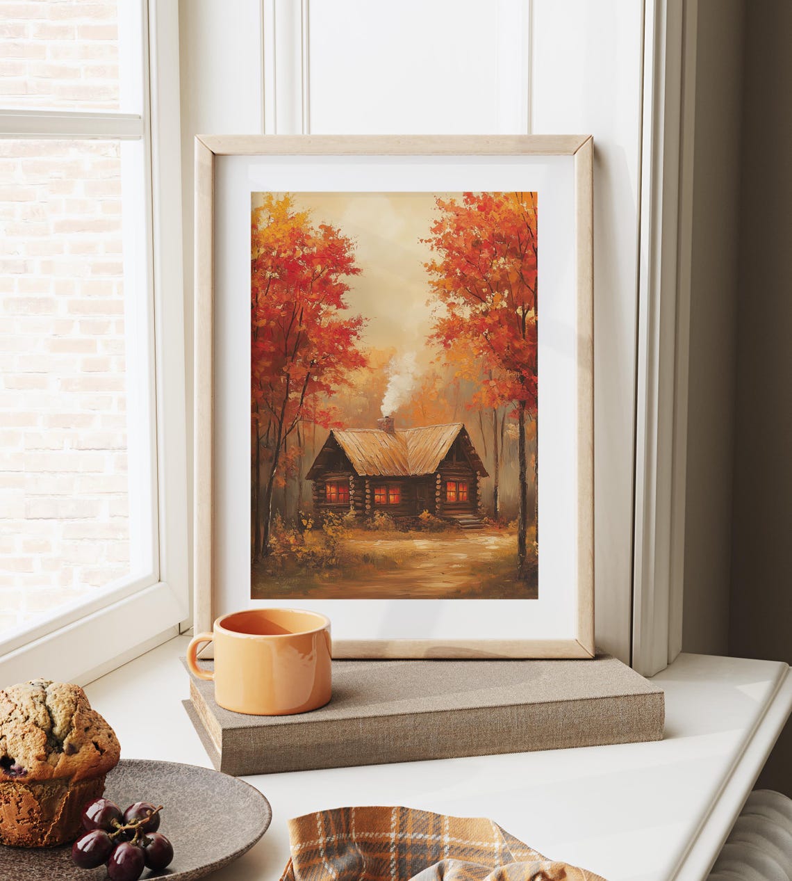 Log Cabin Red Autumn Forest Glowing Windows Fall Woods Poster - Image 6