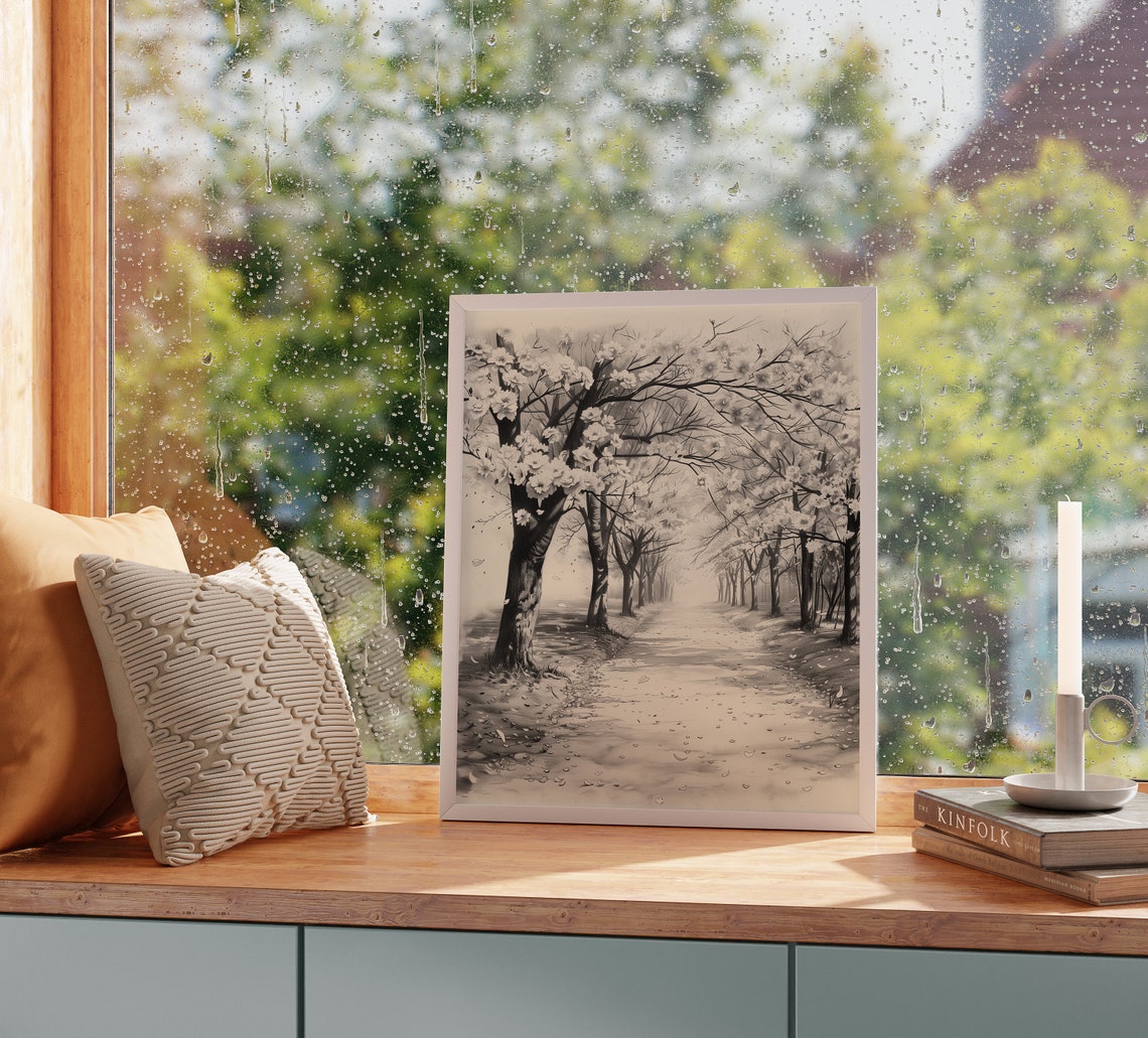 Tranquil Cherry Blossom Path In Spring Monochrome Ink Sketch Poster - Image 2