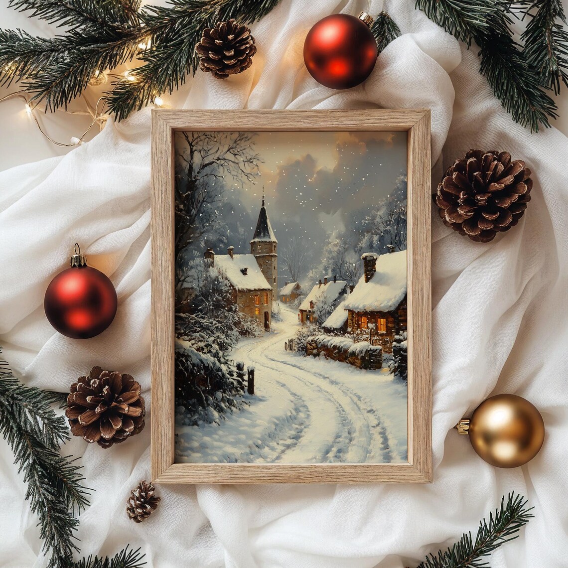 Snowy Village Lane With Church Tower Winter Christmas Dusk Poster - Image 4