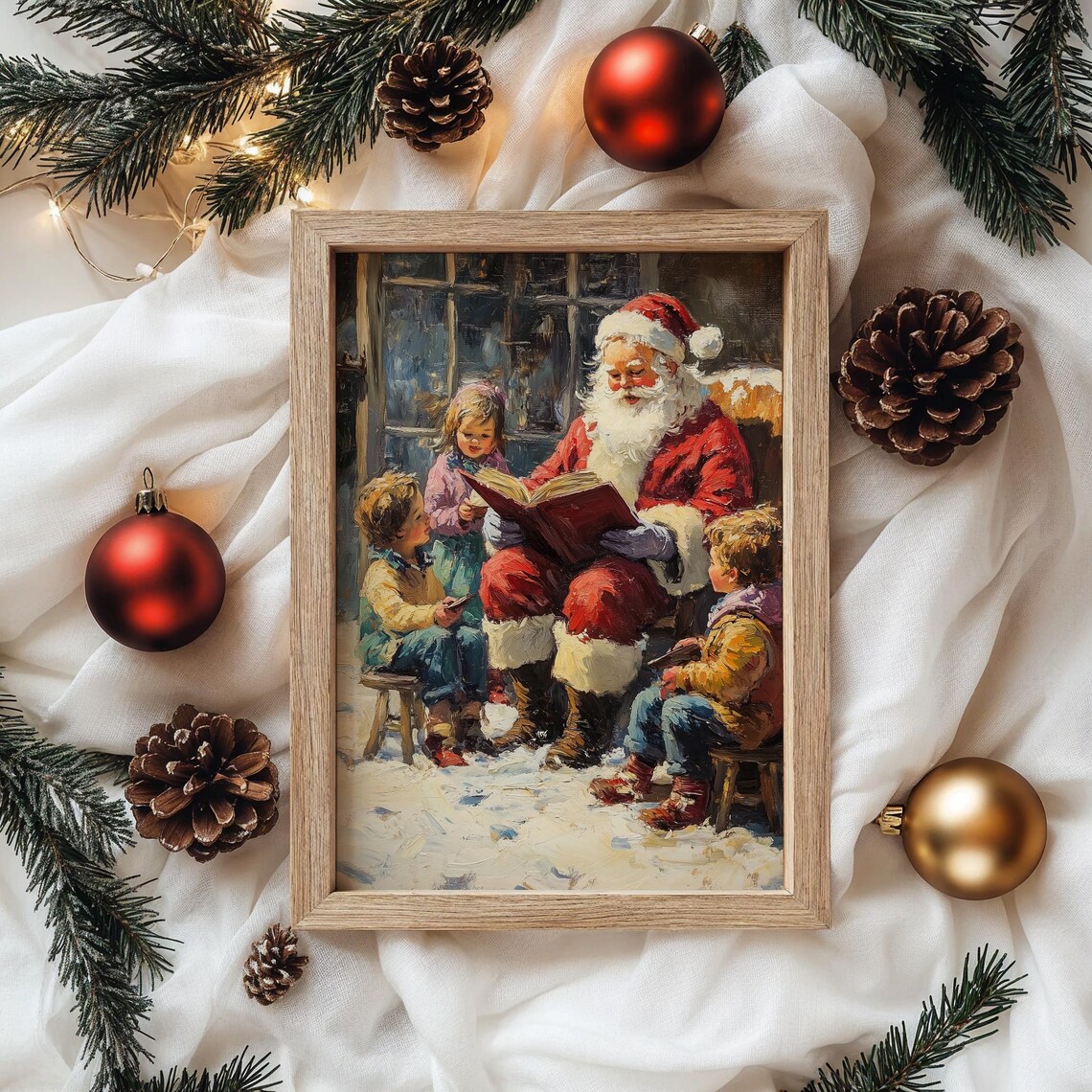 Santa Claus Reading Stories to Children in the Snow at Night Poster - Image 5