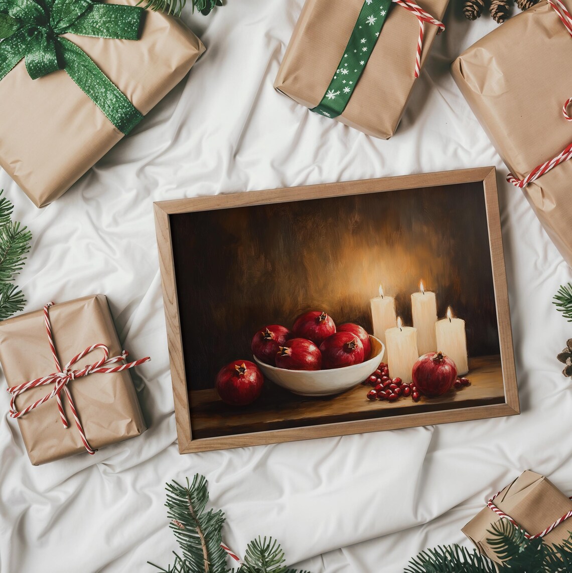 Rustic Bowl Of Pomegranates And Candles Moody Christmas Wall Art Festive Farmhouse Winter Decor Vintage Holiday Painting 2717 - Image 2