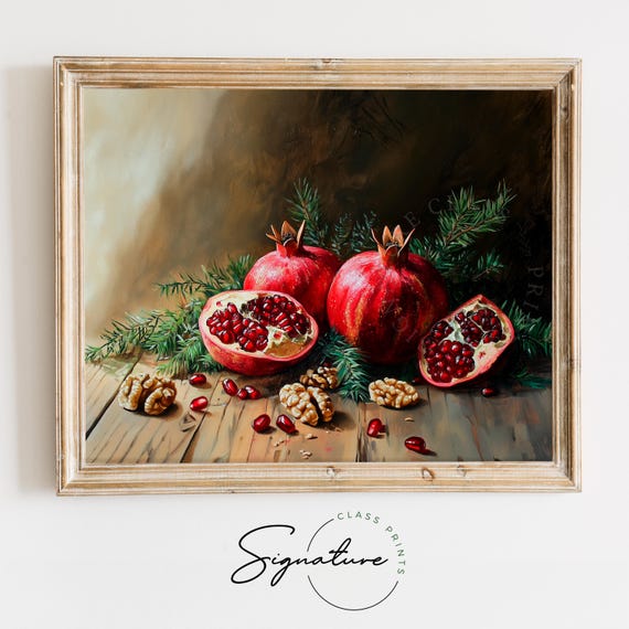 Pomegranate Halves With Walnuts On Rustic Surface Moody Christmas Kitchen Wall Art Farmhouse Winter Still Life Earthy Holiday Print 2752