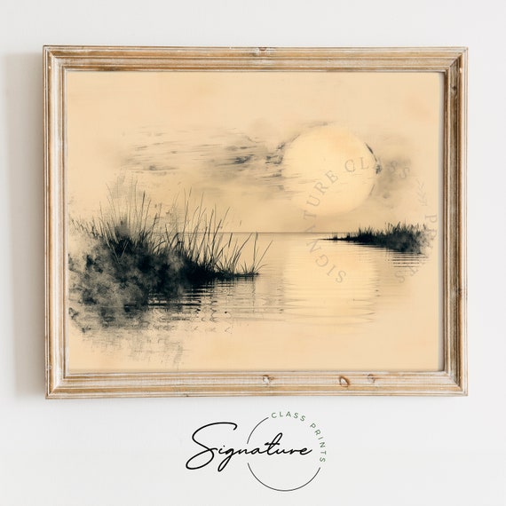 Quiet Lake At Dawn Sketch Peaceful Nature Scene Tranquil Lake Art Serene Landscape Decor Rustic Wall Decor Piece 894
