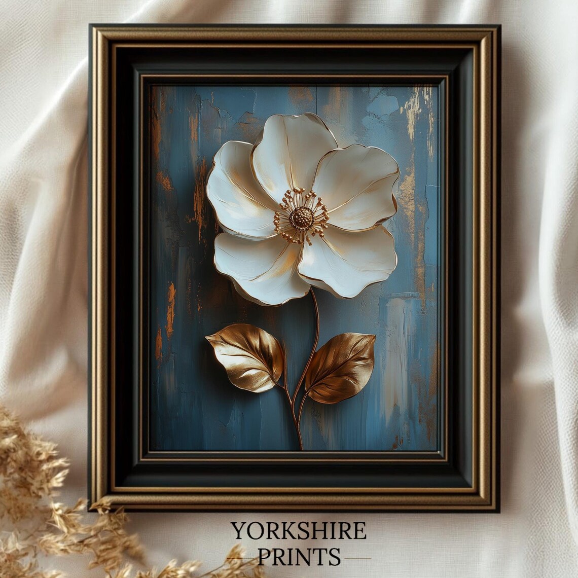 White And Gold Metallic Flower On Textured Blue Modern Art Poster