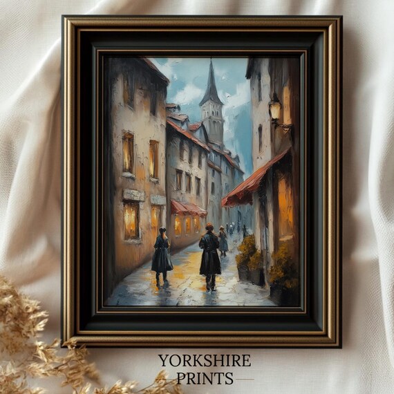 Vintage Fall European Town City Art Landscape Painting Vintage Fall Wall Art Autumn Decor Rustic Fall Decor Autumn Decor Moody Wall Art