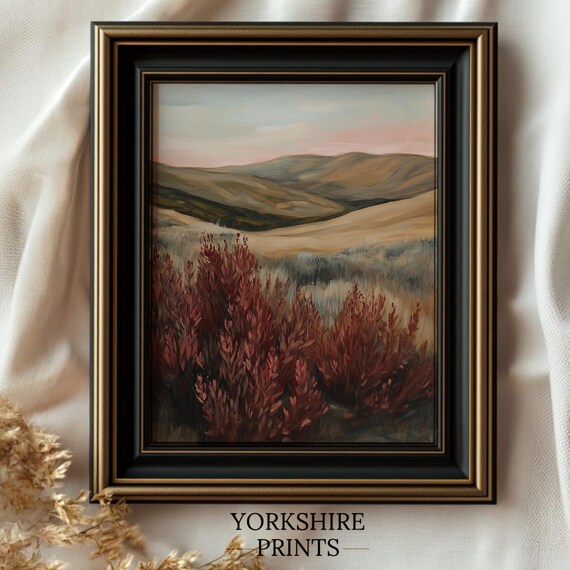 Moody Landscape Print Vintage Moody Floral Wall Art Maroon Wildflower Painting Moody Red Pastoral Scenery Rustic Fall Country Prints