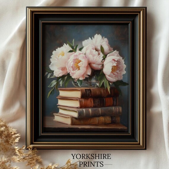 Moody Flower Wall Art Vintage Floral Still Life Print Antique Books Painting Vintage Dark Floral Art French Country Home Decor