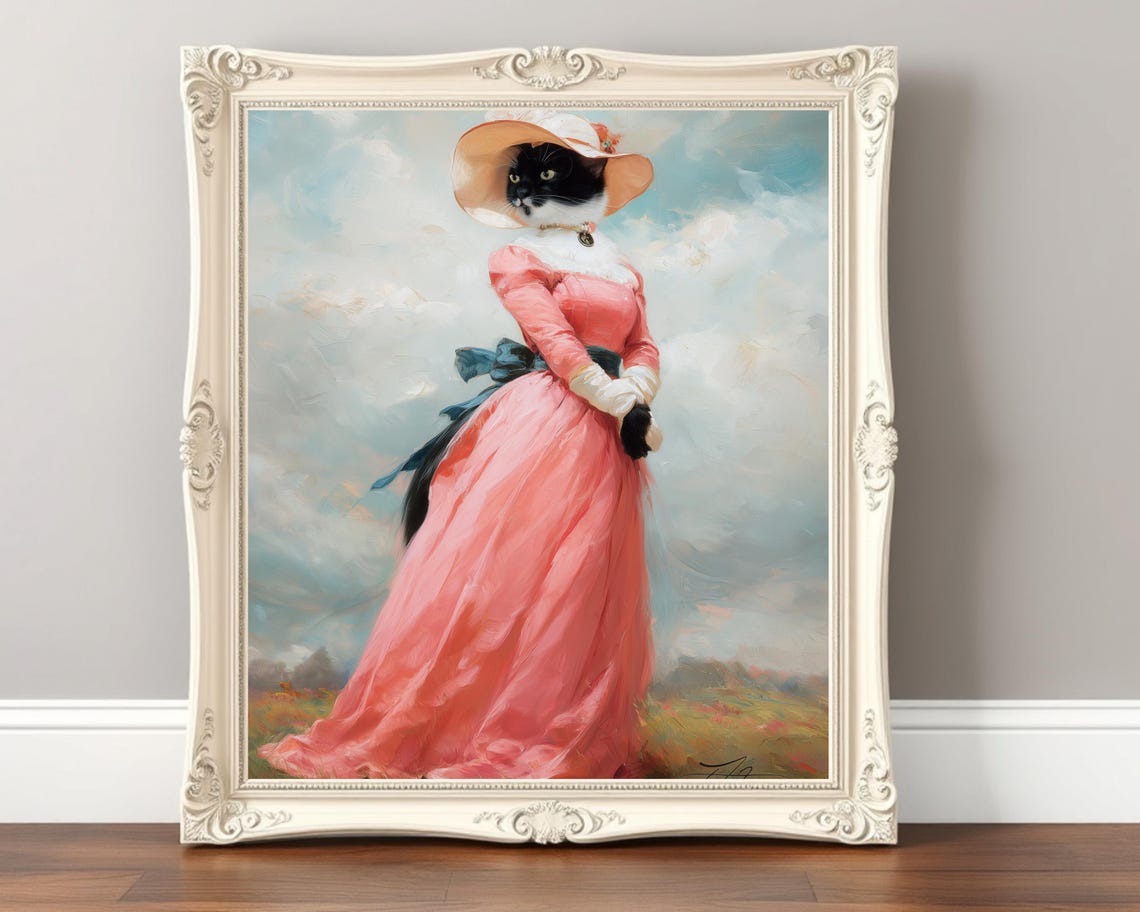 Pinkie Cat Portrait Regency Elegant Pink Gown Funny Masterpiece Poster