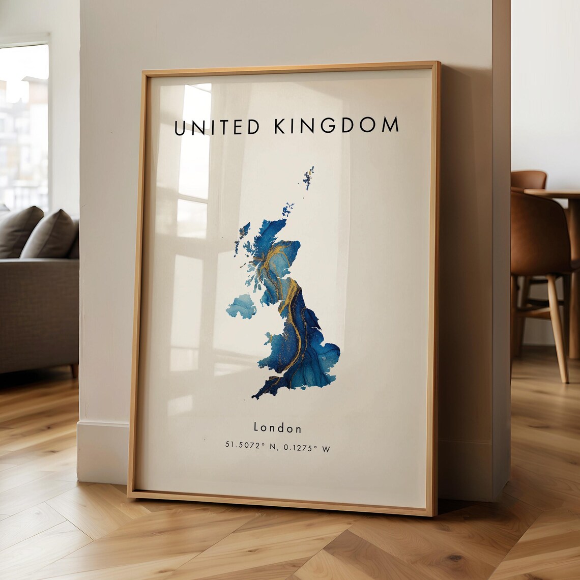 United Kingdom Map, Blue And Gold Travel Poster
