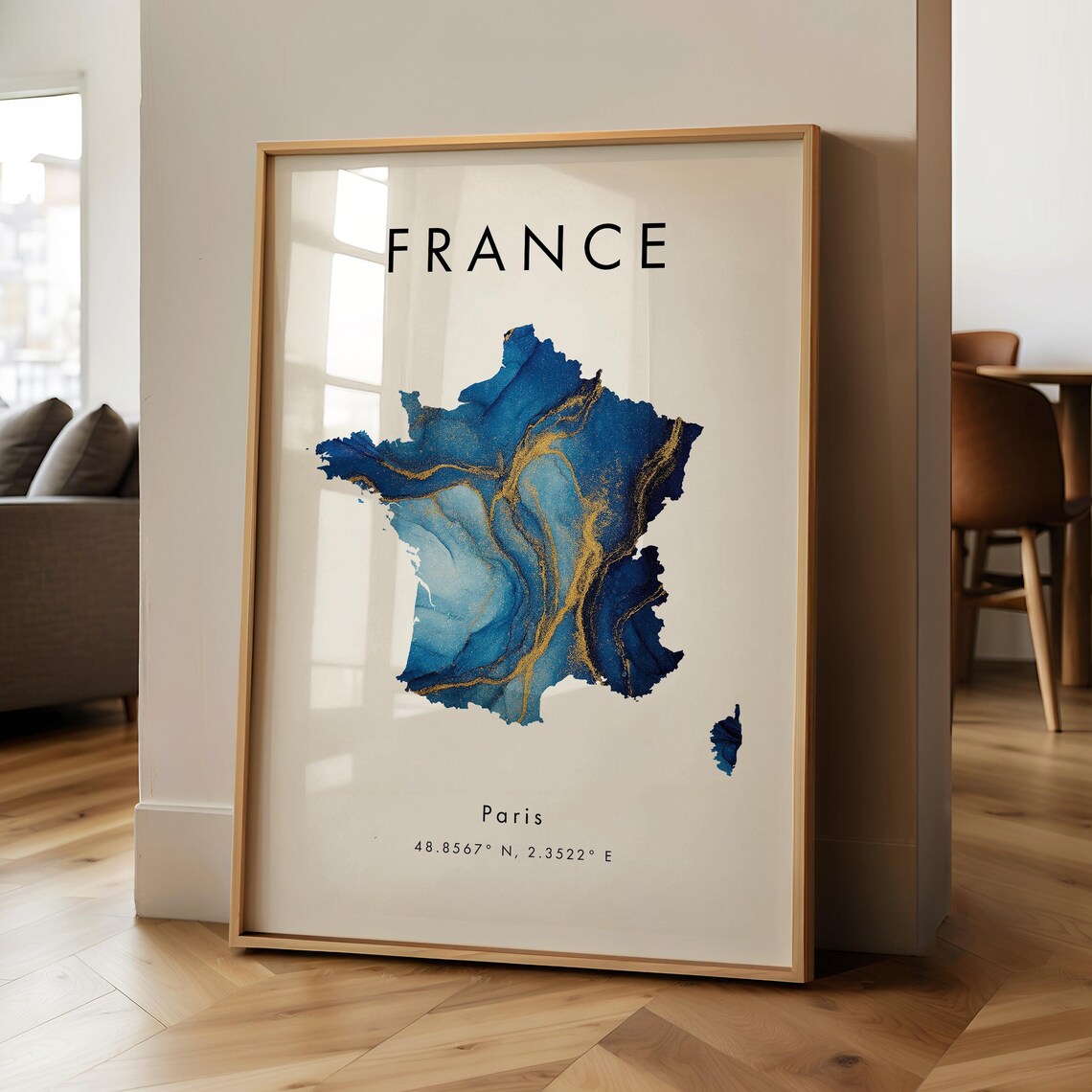 France Country Map Blue Gold Watercolor Paris Coordinates Poster