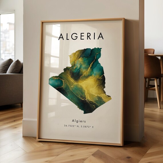 Algeria Map Printed Poster Green And Gold Africa Wall Art Print Home Decor Geography Gift Wallpaper