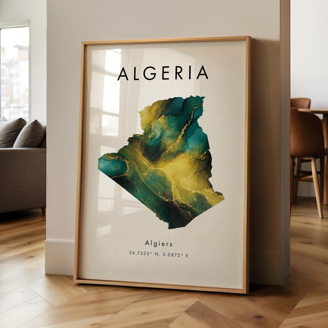 Algeria Map Green Gold Marble Country Outline Capital Coordinates Poster