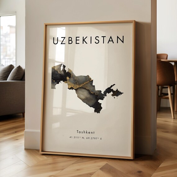 Uzbekistan Map Printed Poster Black And Gold Asia Wall Art Print Home Decor Geography Gift Wallpaper