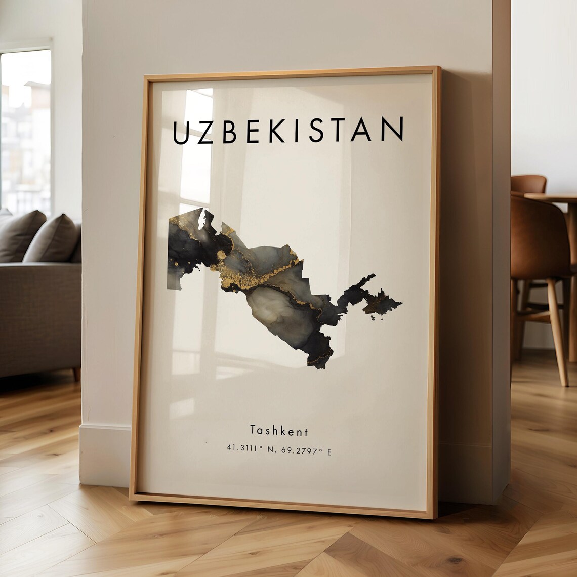 Uzbekistan Map Black Gold Marble Country Outline Capital City Poster