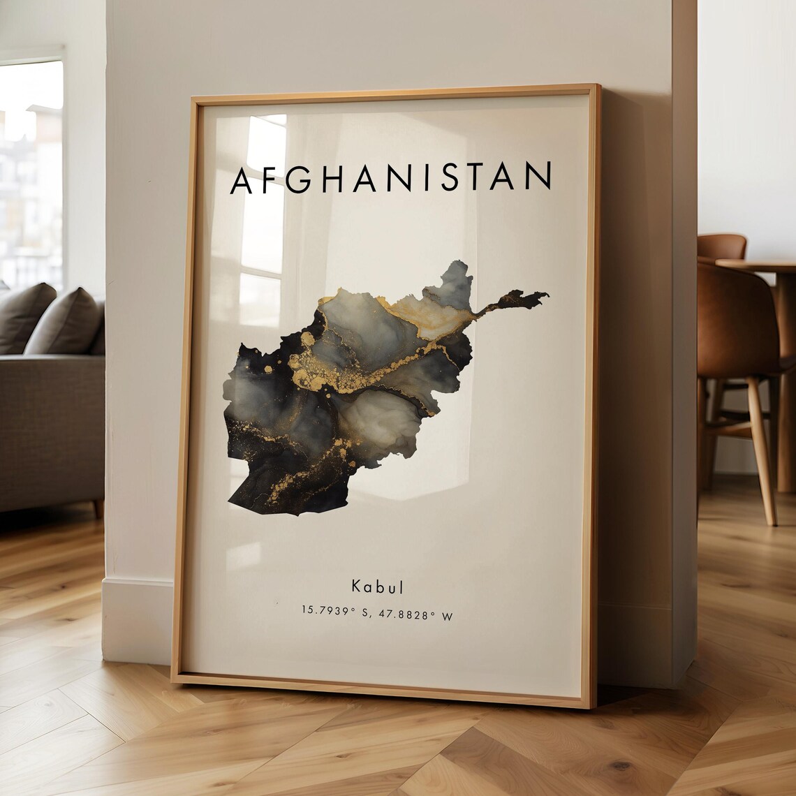 Afghanistan Map Black Gold Marble Country Outline Capital City Poster
