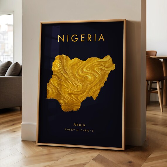 Nigeria Map Printed Poster Gold Africa Wall Art Print Home Decor Geography Gift Wallpaper