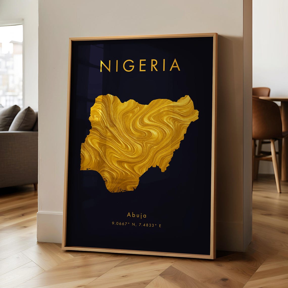 Nigeria Gold Marble Map Black Background Abuja Geography Poster