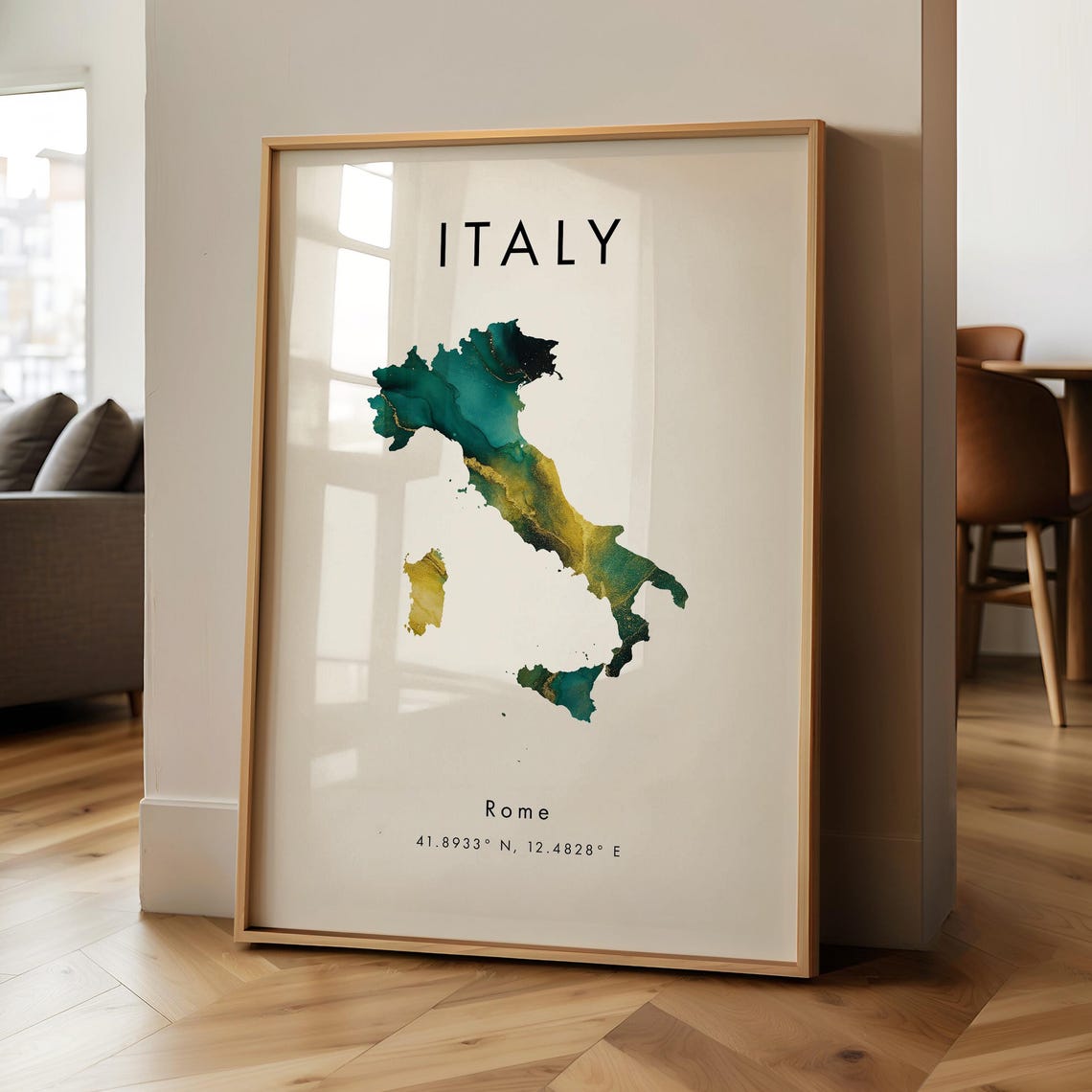 Italy Map Green And Gold Travel Poster