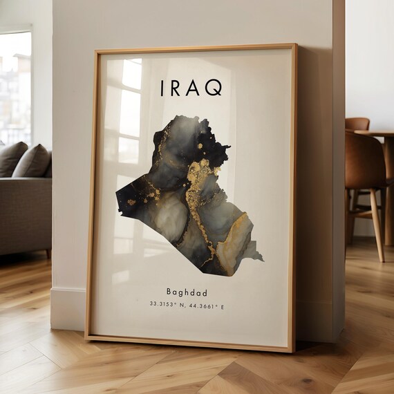 Iraq Map Printed Poster Black And Gold Asia Wall Art Print Home Decor Geography Gift Wallpaper