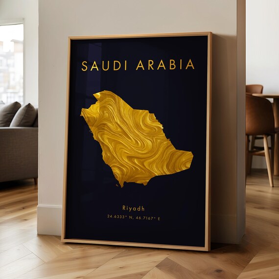 Saudi Arabia Map Printed Poster Gold Asia Wall Art Print Home Decor Geography Gift Wallpaper