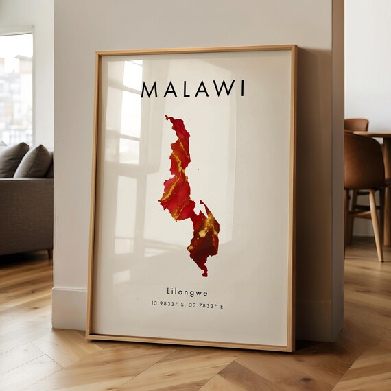 Malawi Map Printed Poster Red And Gold Africa Wall Art Print Home Decor Geography Gift Wallpaper