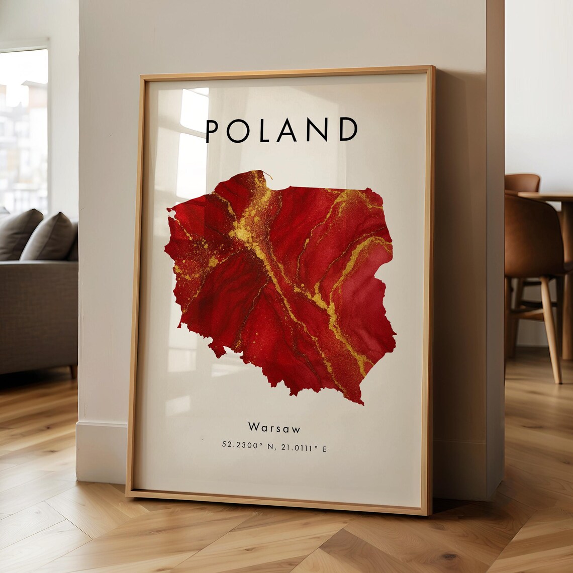 Poland Map Printed Poster Red And Gold Europe Wall Art Print Home Decor Geography Gift Wallpaper