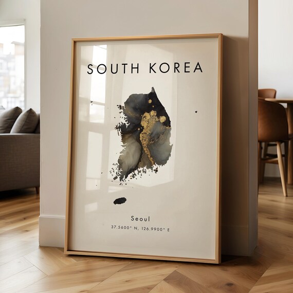 South Korea Map Printed Poster Black And Gold Asia Wall Art Print Home Decor Geography Gift Wallpaper